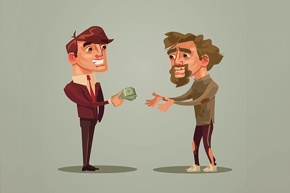 a cartoon of a rich person handing over cash to a person with ragged clothes